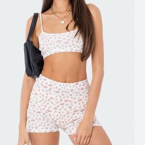 Edikted Cream Floral Ribbed Cami & Shorts Set with Pink Flowers